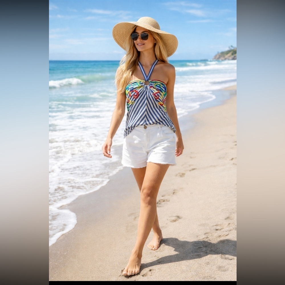 Anthropologie NWT Avril Embroidered Striped Knit Halter Size XXS.